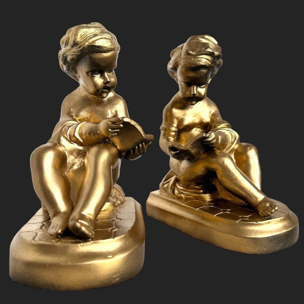 Vintage Pair faux Brass Bookends Boy Reading a Book~Gold Art Deco Decor~Cherubs